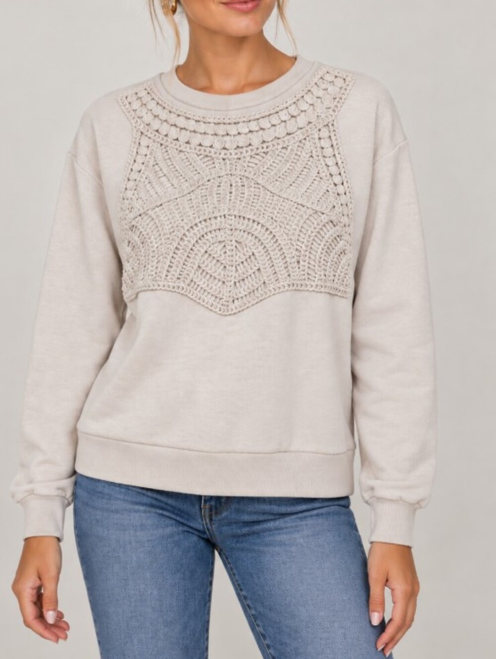 Zara Size Medium Women’s Cream Crochet Panel Sweatshirt
